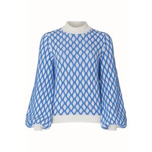 Stine Goya Carlo Sweater Blue White Diamond Knit Pattern Balloon Sleeves Small